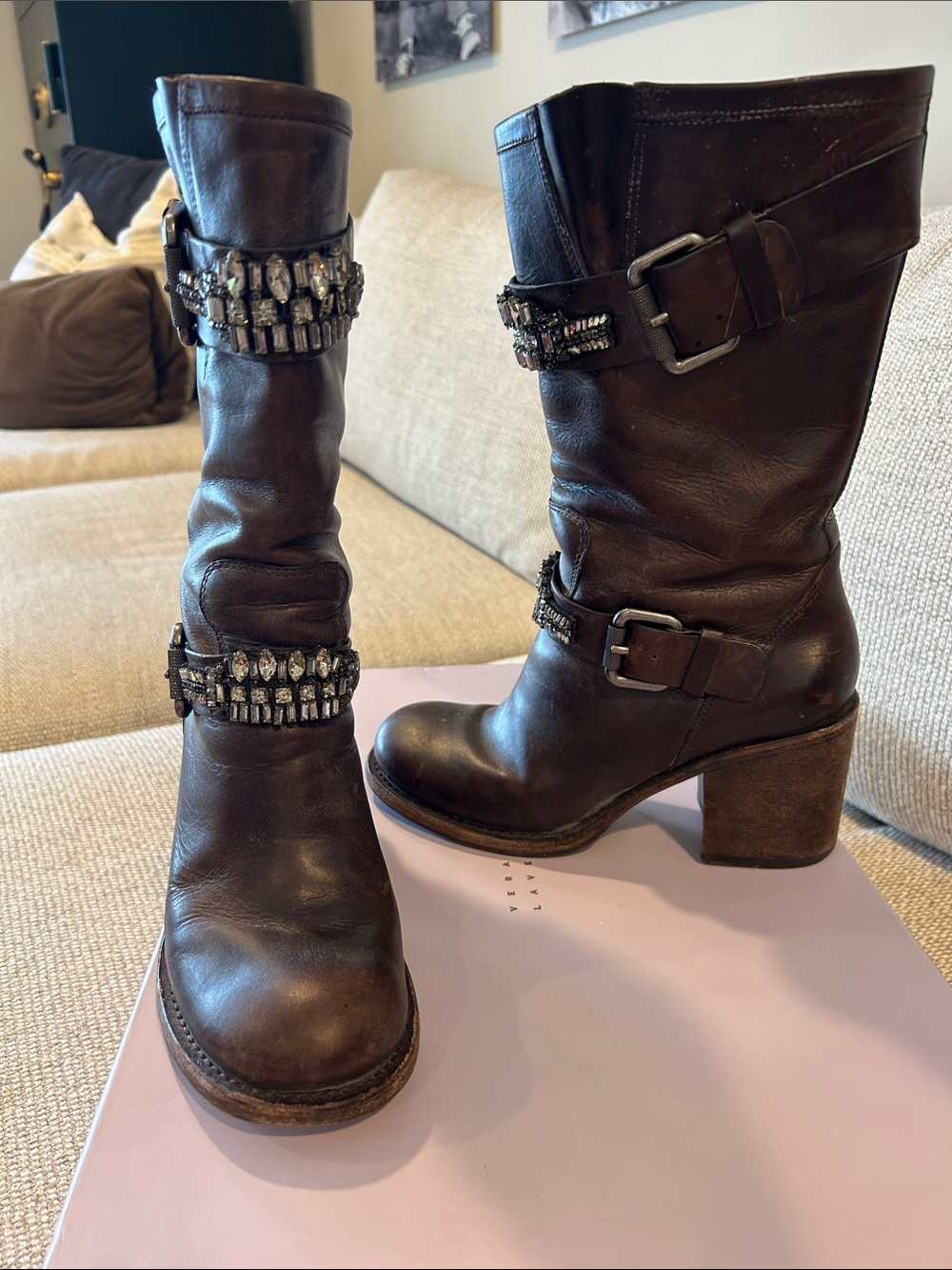 Vera Wang Lavender Label Brown Leather Mid-Calf Heeled Boots with Crystal Straps